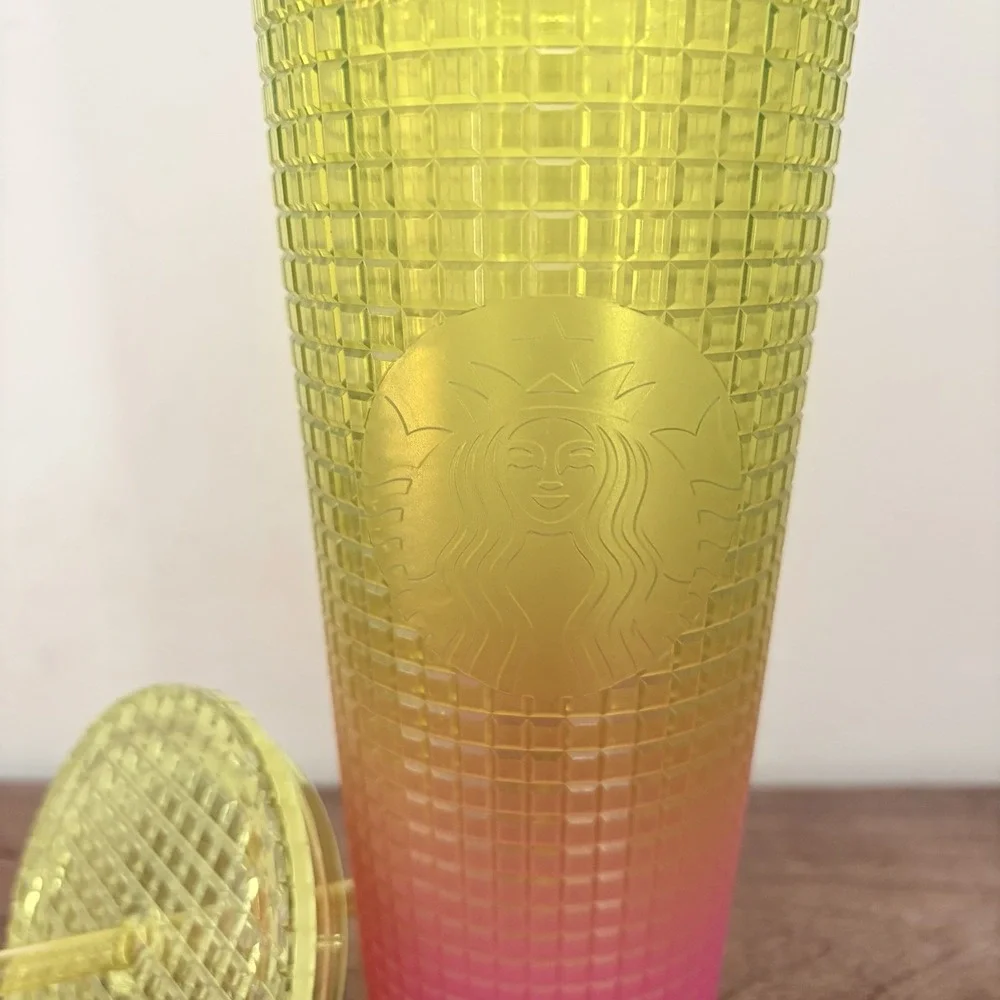 Starbucks Tumbler Cup Gradient Yellow Pink Textured Plastic Cold Cup Lid Venti